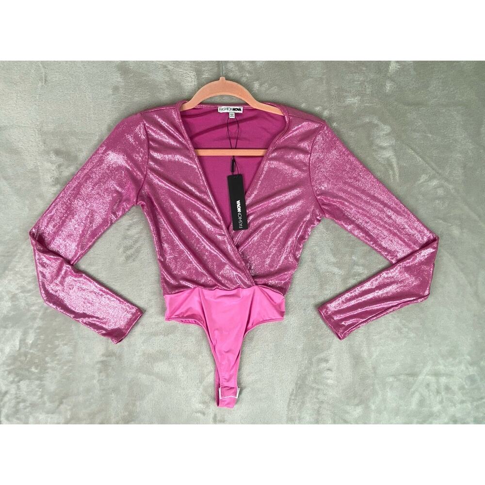 NWT Fashion Nova Fushia Shimmer & Shine Thong Deep V-Neck Bodysuit Women’s XS